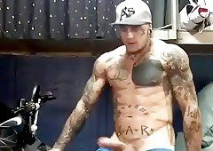 Tattooed asian masturbate penis outdoor